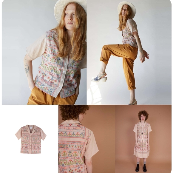 Cream and Red Floral Button Down Shirt with Short Sleeves - Picture 7 of 7